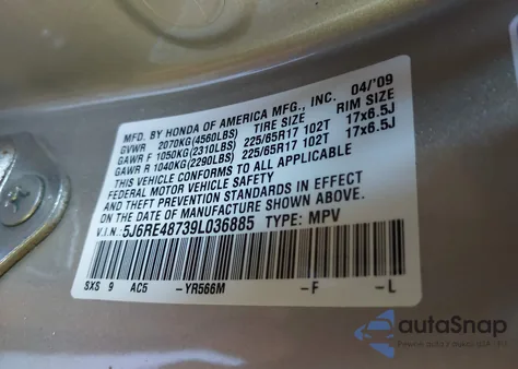 2009 Honda Cr-V Ex-L from USA, damaged, VIN 5J6RE48739L036885